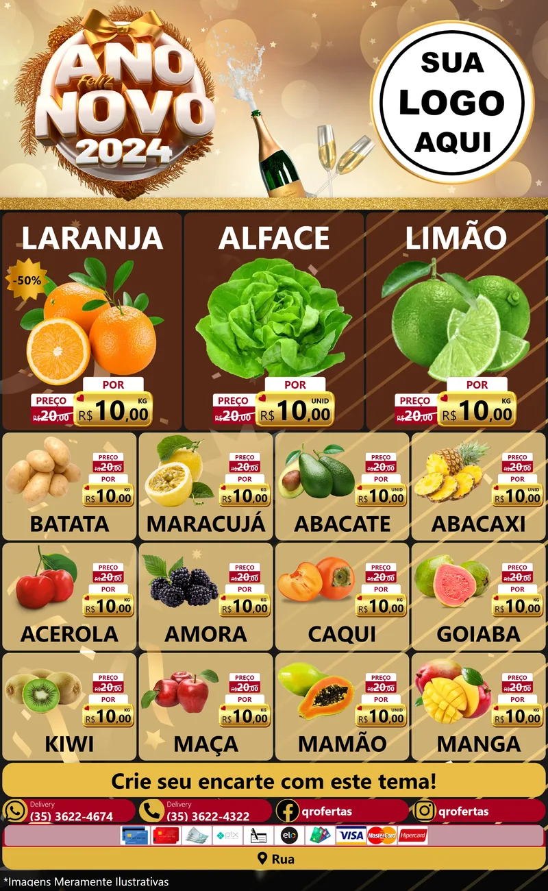 Modelo de Encarte para Encarte Grande com o tema Feliz Ano Novo 2027 para Hortifrúti