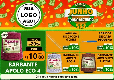 Modelo de Encarte para Encarte A4 Horizontal com o tema Comece Junho Economizando para Armarinho e Aviamentos
