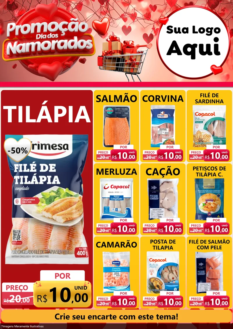 Modelo de Encarte para Encarte A4 Vertical com o tema Promoção Dia dos Namorados para Peixaria