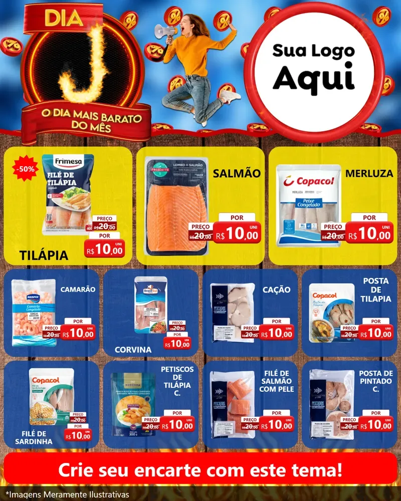 Modelo de Rede Social para Feed Instagram com o tema Dia J - O Dia Mais Barato Do Mês para Peixaria