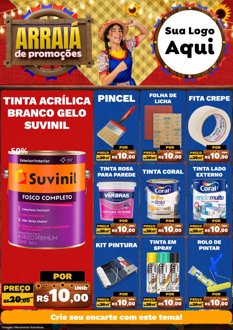 Modelo de Encarte para Encarte A4 Vertical com o tema Arraiá de Promoções para Tintas e Ferramentas