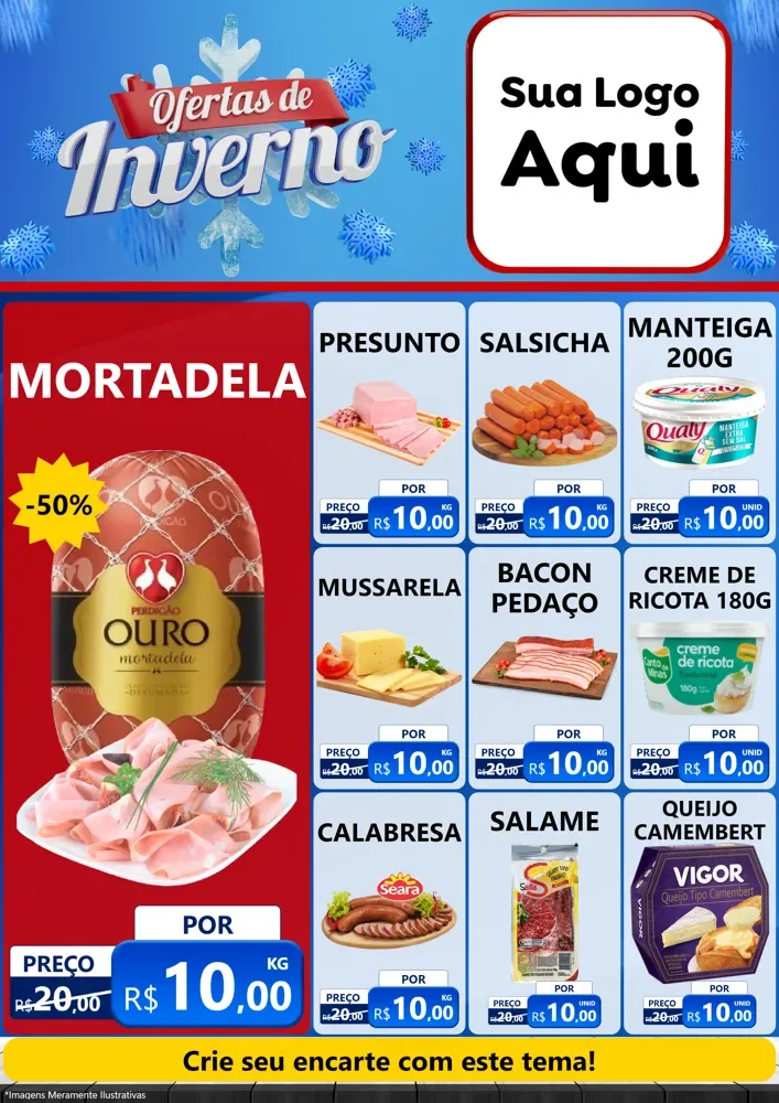 Modelo de Encarte para Encarte A4 Vertical com o tema Ofertas de Inverno para Frios e Laticínios