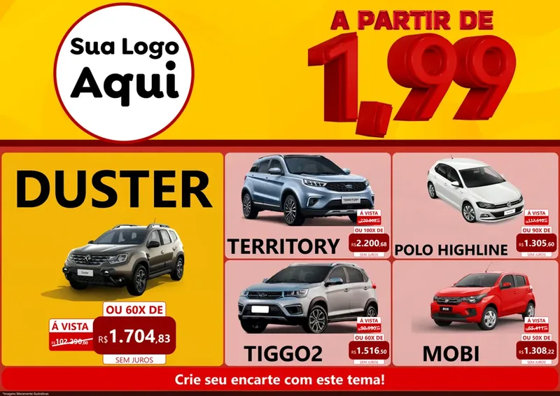 Modelo de Encarte para Encarte A4 Horizontal com o tema A Partir de Um e Noventa e Nove - 1,99 para Concessionaria de Carros