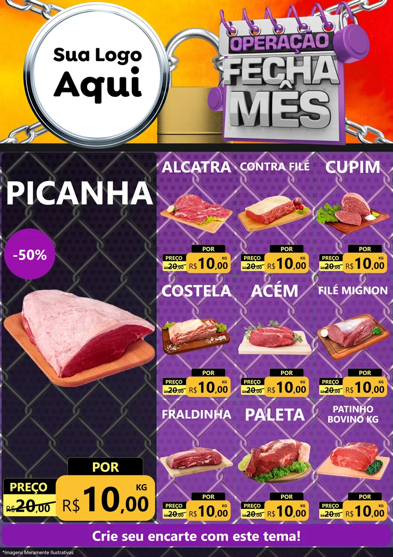 Modelo de Encarte para Encarte A4 Vertical com o tema Operação Fecha Mês para Açougue