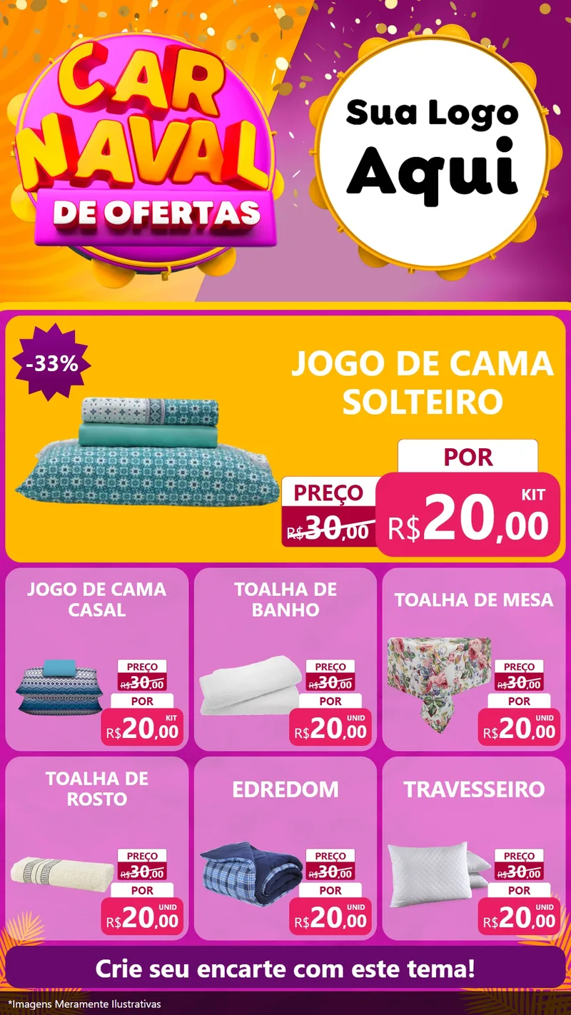 Modelo de Rede Social para Stories com o tema Carnaval de Ofertas para Cama, Mesa e Banho