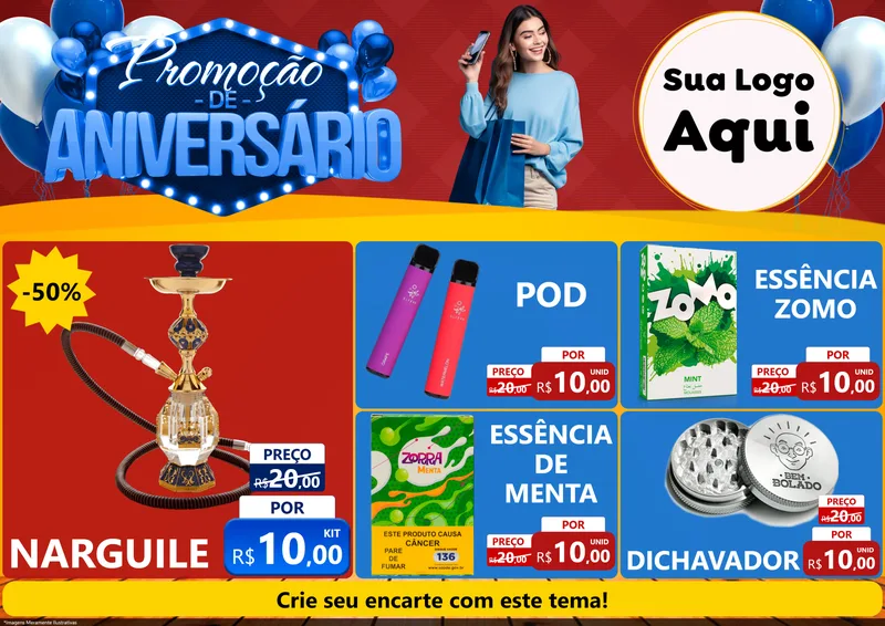 Modelo de Encarte para Encarte A4 Horizontal com o tema Promoção de Aniversário para Tabacaria