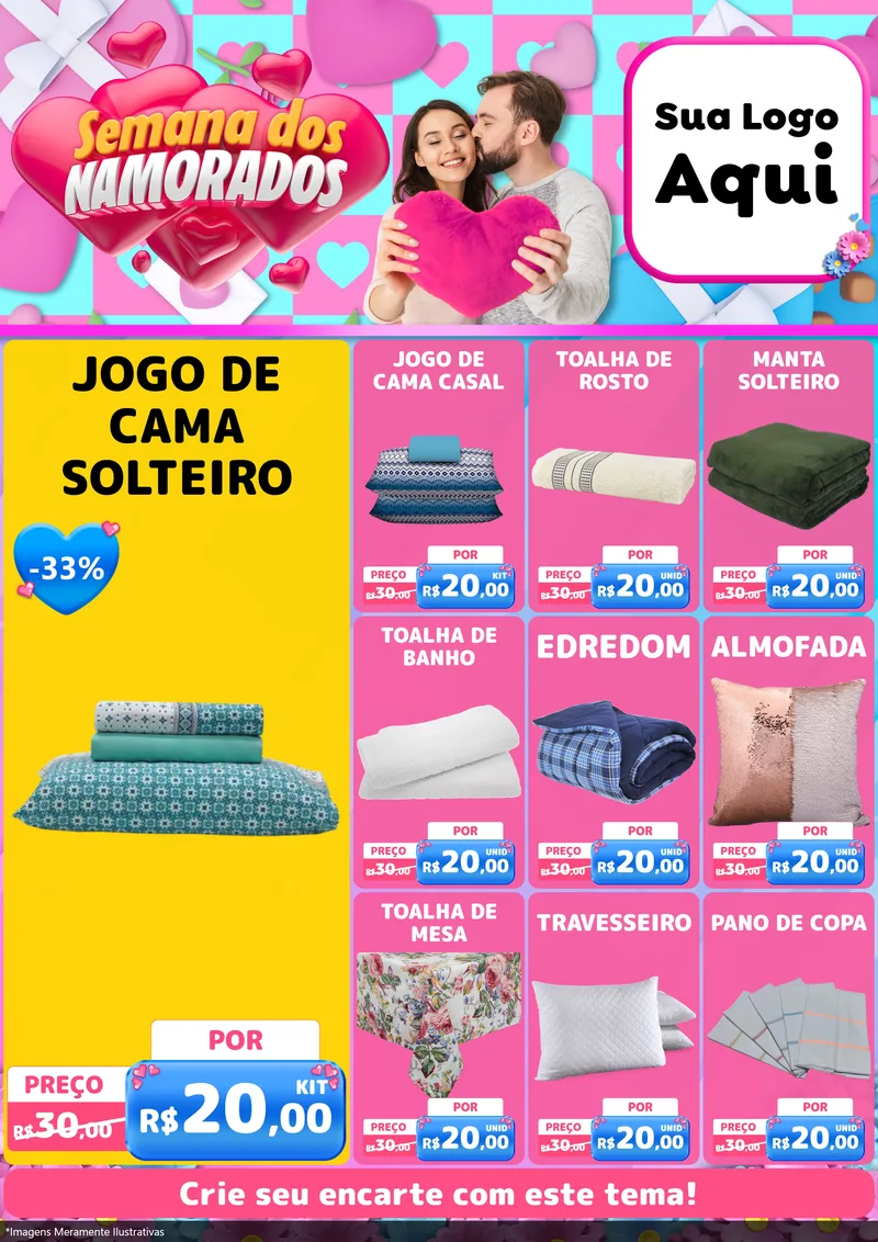 Modelo de Encarte para Encarte A4 Vertical com o tema Semana dos Namorados para Cama, Mesa e Banho