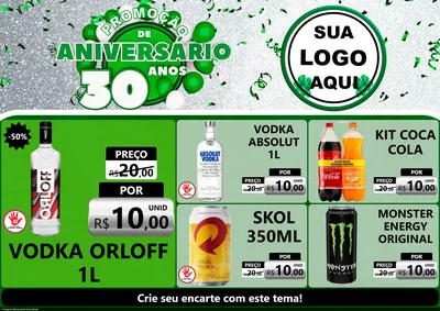 Modelo de Encarte para Encarte A4 Horizontal com o tema Promoção de Aniversário - 30 Anos para Distribuidora de bebidas