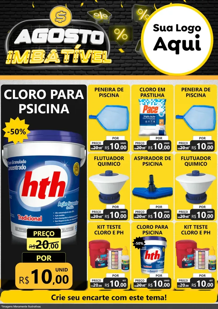 Modelo de Encarte para Encarte A4 Vertical com o tema Agosto Imbatível para Produtos para Piscina