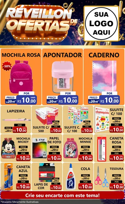 Modelo de Encarte para Encarte Grande com o tema Réveillon de Ofertas para Papelaria