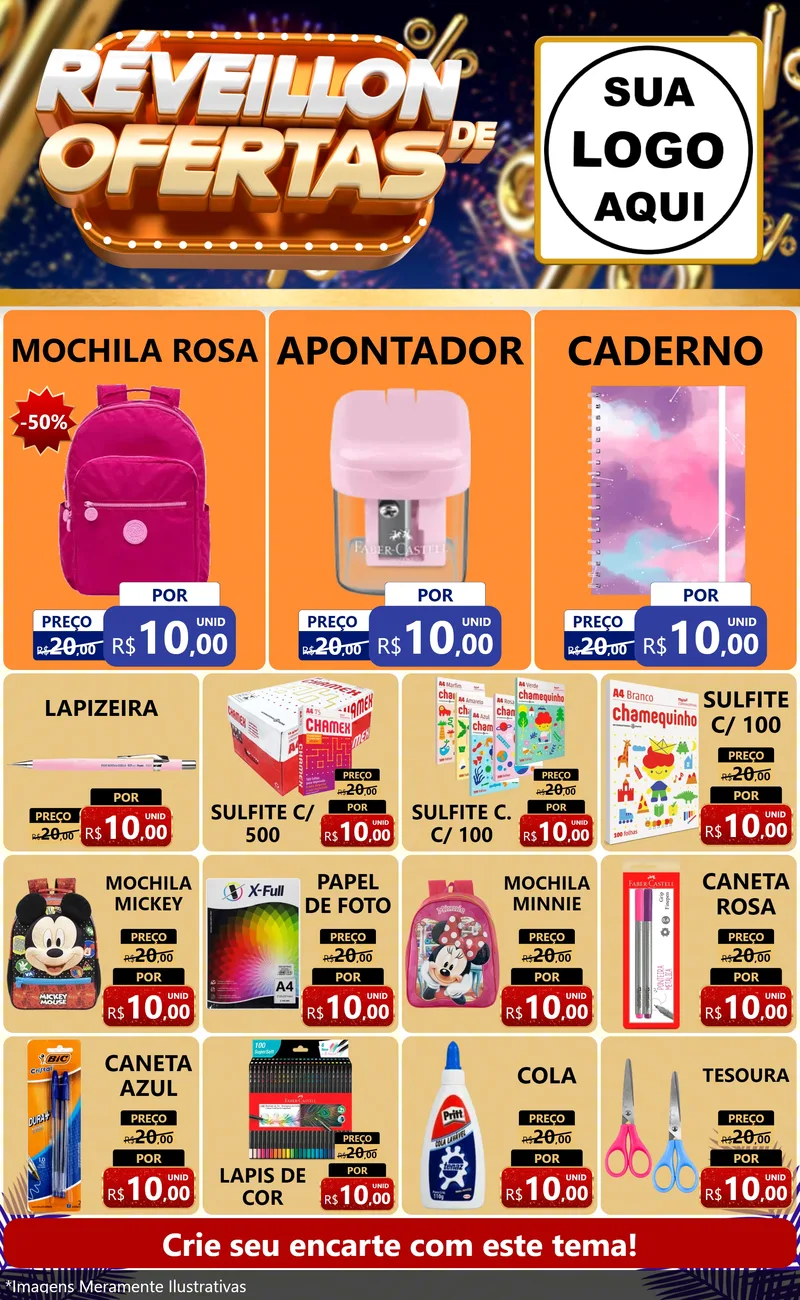 Modelo de Encarte para Encarte Grande com o tema Réveillon de Ofertas para Papelaria