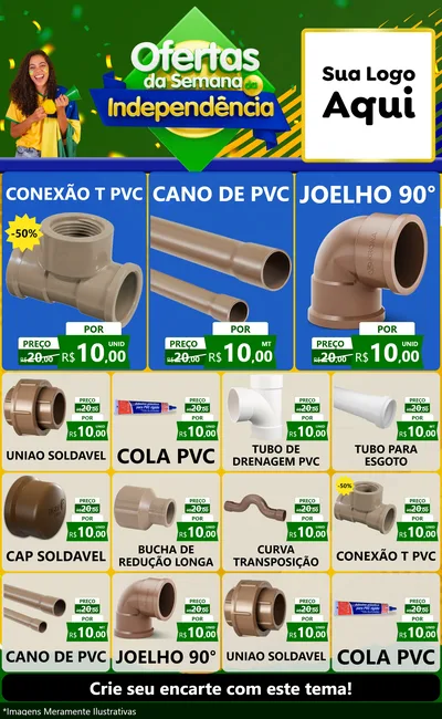 Modelo de Encarte para Encarte Grande com o tema Ofertas da Semana da Independência para Tubos e conexões