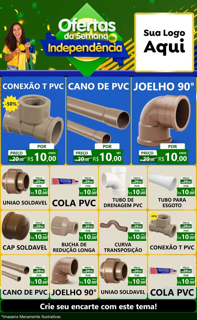 Modelo de Encarte para Encarte Grande com o tema Ofertas da Semana da Independência para Tubos e conexões
