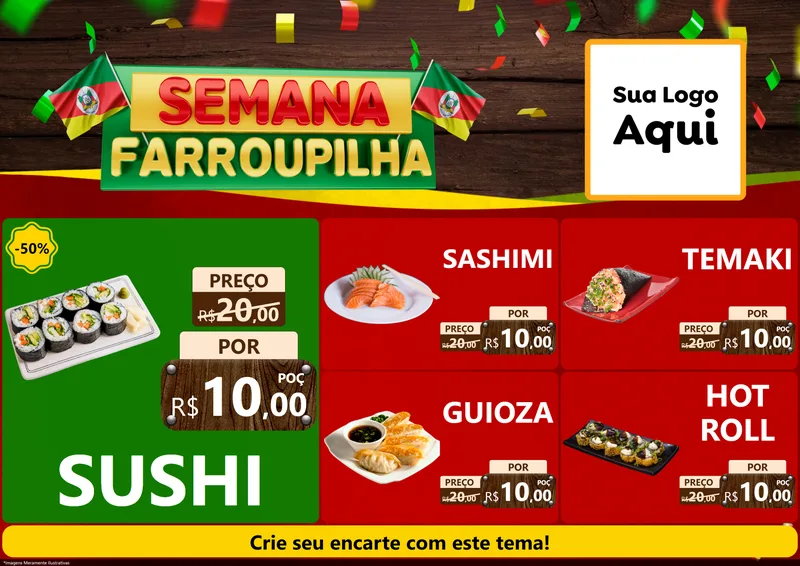 Modelo de Encarte para Encarte A4 Horizontal com o tema Semana Farroupilha para Comida japonesa