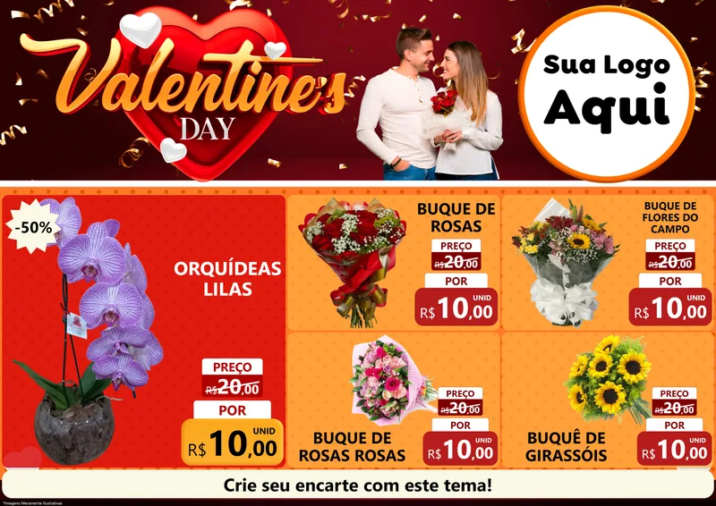 Modelo de Encarte para Encarte A4 Horizontal com o tema Valentine's Day para Floricultura e jardim