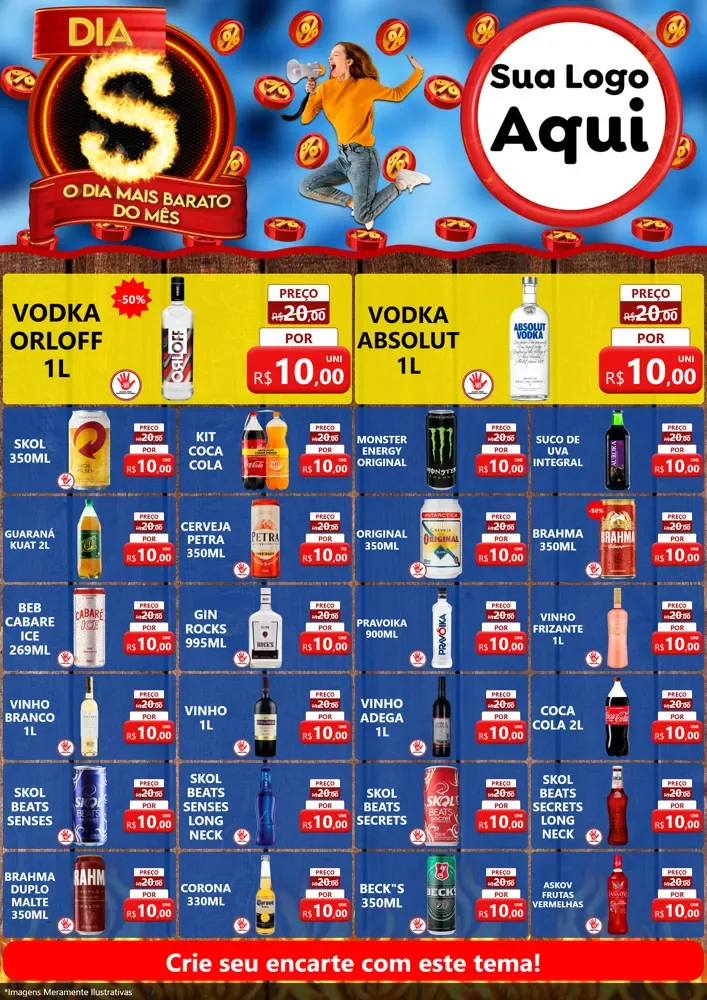 Modelo de Encarte para Encarte A4 Vertical com o tema Dia S - O Dia Mais Barato Do Mês para Distribuidora de bebidas