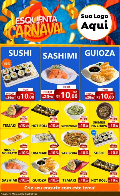 Modelo de Encarte para Encarte Grande com o tema Esquenta de Carnaval para Comida japonesa