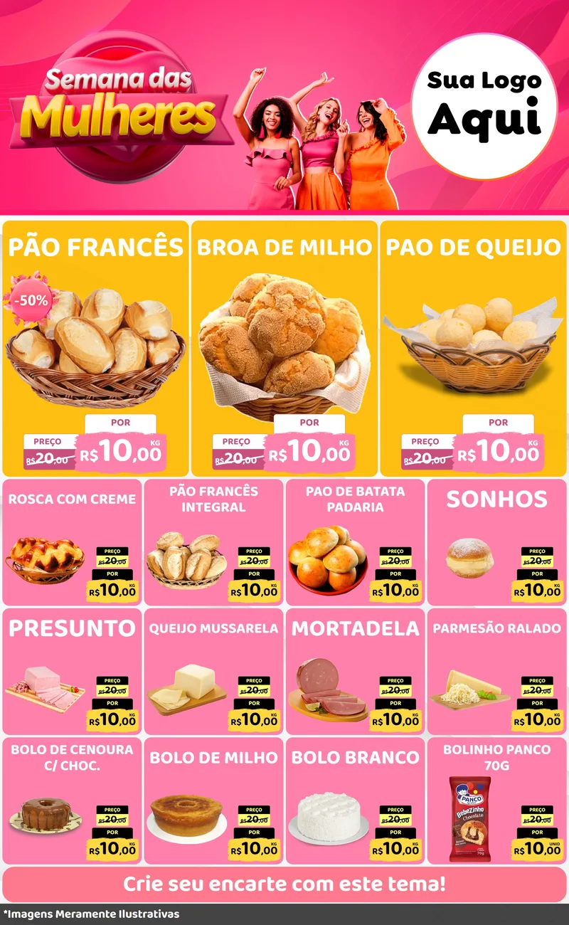 Modelo de Encarte para Encarte Grande com o tema Semana das Mulheres para Padaria