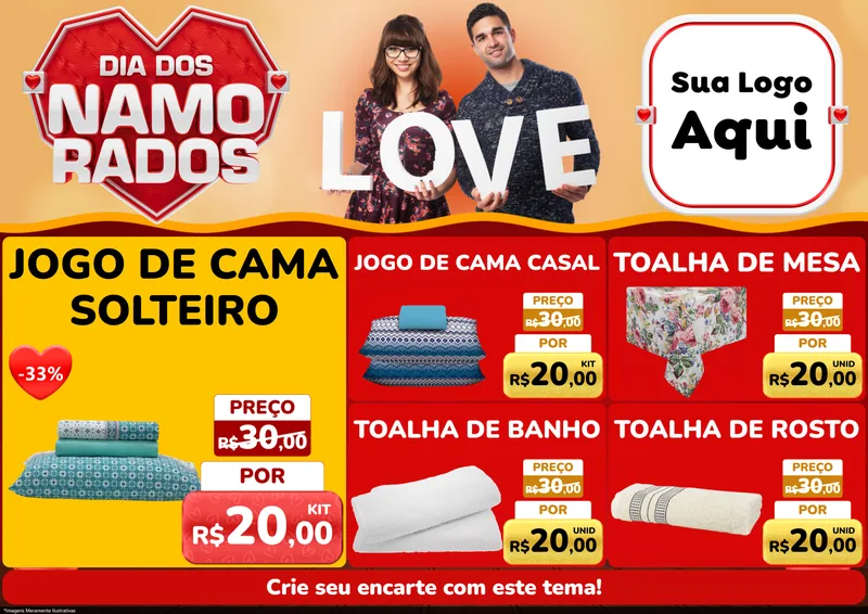 Modelo de Encarte para Encarte A4 Horizontal com o tema Dia dos Namorados para Cama, Mesa e Banho