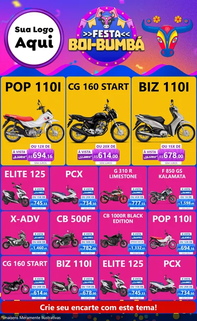 Modelo de Encarte para Encarte Grande com o tema Festa Boi-Bumbá para Concessionaria de Motos