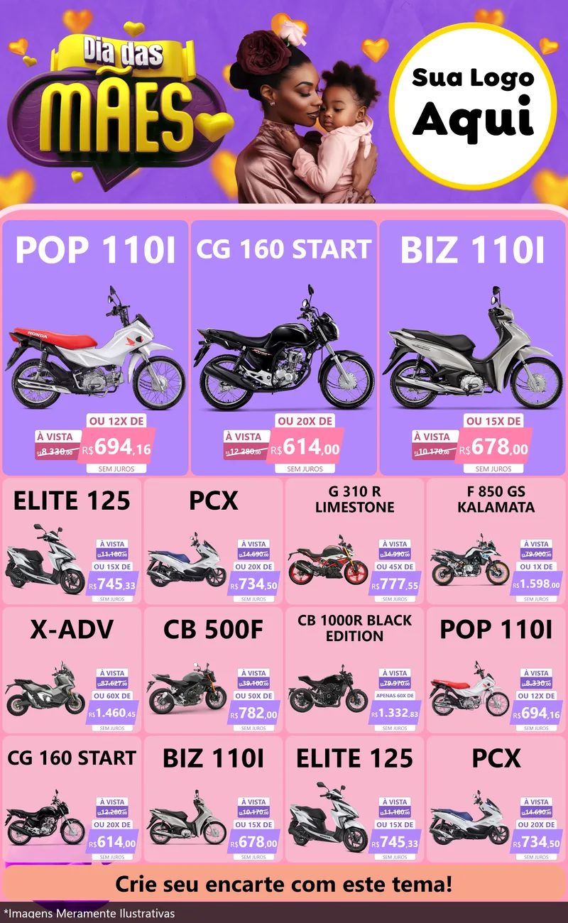 Modelo de Encarte para Encarte Grande com o tema Dia das Mães para Concessionaria de Motos