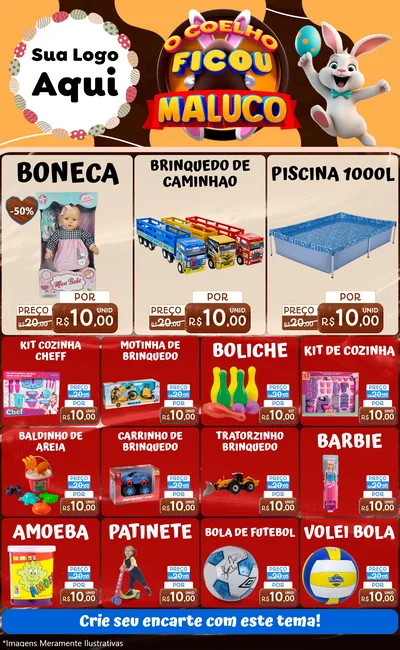 Modelo de Encarte para Encarte Grande com o tema O Coelho Ficou Maluco - Páscoa para Brinquedos