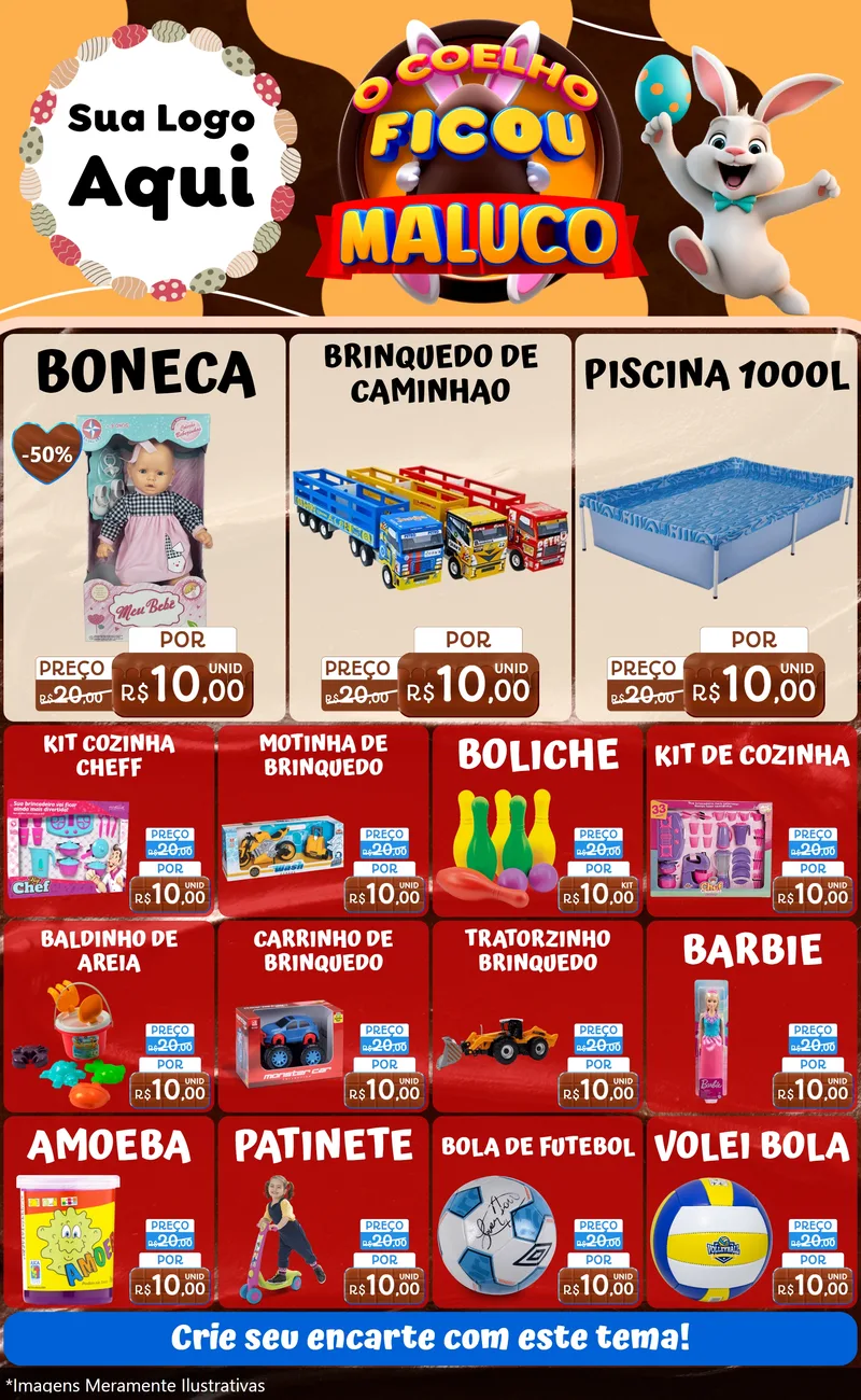 Modelo de Encarte para Encarte Grande com o tema O Coelho Ficou Maluco - Páscoa para Brinquedos