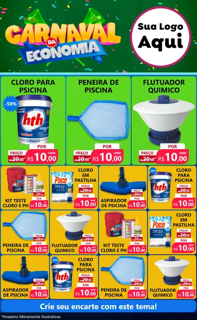 Modelo de Encarte para Encarte Grande com o tema Carnaval da Economia para Produtos para Piscina