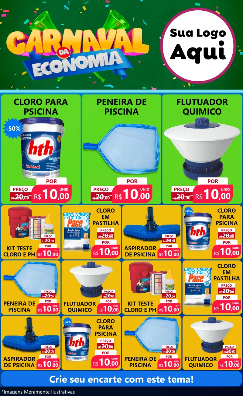 Modelo de Encarte para Encarte Grande com o tema Carnaval da Economia para Produtos para Piscina