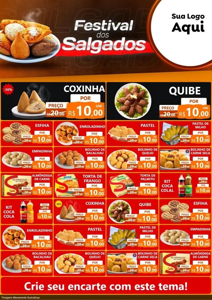 Modelo de Encarte para Encarte A4 Vertical com o tema Festival dos Salgados para Salgadaria