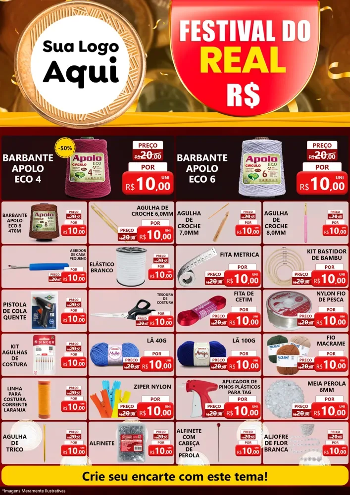 Modelo de Encarte para Encarte A4 Vertical com o tema Festival do Real para Armarinho e Aviamentos