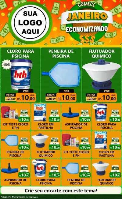 Modelo de Encarte para Encarte Grande com o tema Comece Janeiro Economizando para Produtos para Piscina