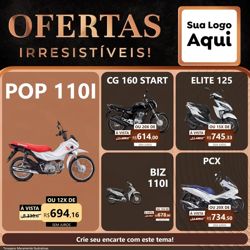 Modelo de Rede Social para Feed Facebook com o tema Ofertas Irresistíveis! para Concessionaria de Motos