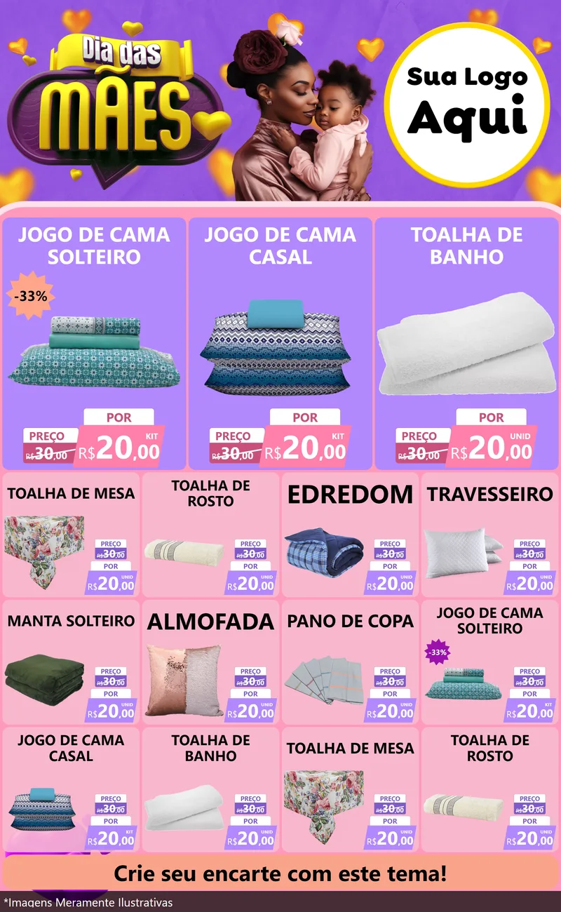 Modelo de Encarte para Encarte Grande com o tema Dia das Mães para Cama, Mesa e Banho