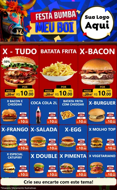 Modelo de Encarte para Encarte Grande com o tema Festa Bumba meu Boi para Hamburgueria