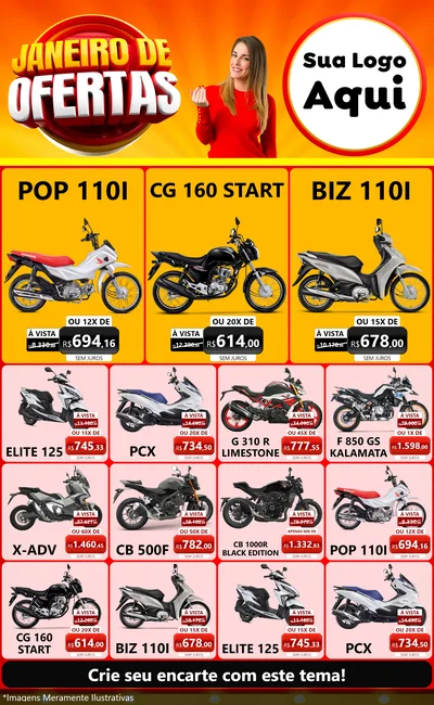 Modelo de Encarte para Encarte Grande com o tema Janeiro de Ofertas para Concessionaria de Motos