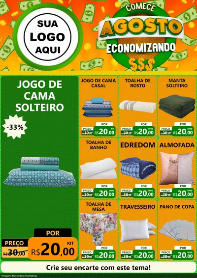 Modelo de Encarte para Encarte A4 Vertical com o tema Comece Agosto Economizando para Cama, Mesa e Banho