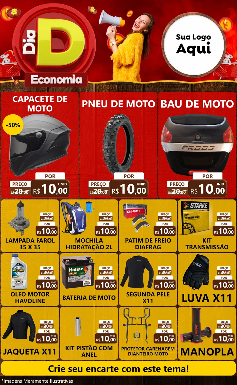 Modelo de Encarte para Encarte Grande com o tema Dia D Economia para Moto peças