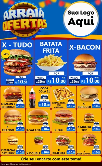 Modelo de Encarte para Encarte Grande com o tema Arraiá de Ofertas - Junina para Hamburgueria