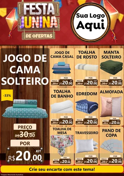 Modelo de Encarte para Encarte A4 Vertical com o tema Festa Junina de Ofertas para Cama, Mesa e Banho