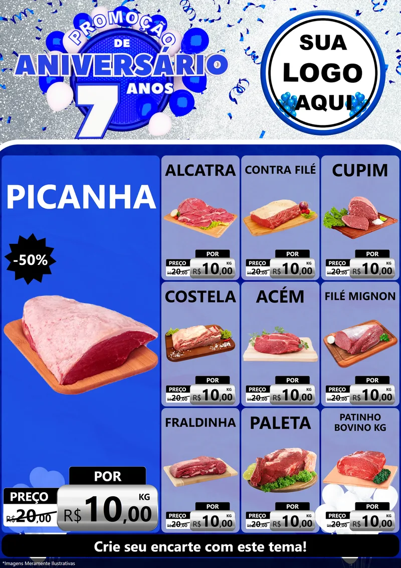 Modelo de Encarte para Encarte A4 Vertical com o tema Promoção de Aniversário - 7 Anos para Açougue