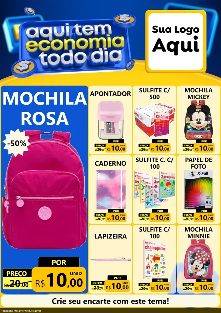 Modelo de Encarte para Encarte A4 Vertical com o tema Aqui Tem Economia Todo Dia para Papelaria
