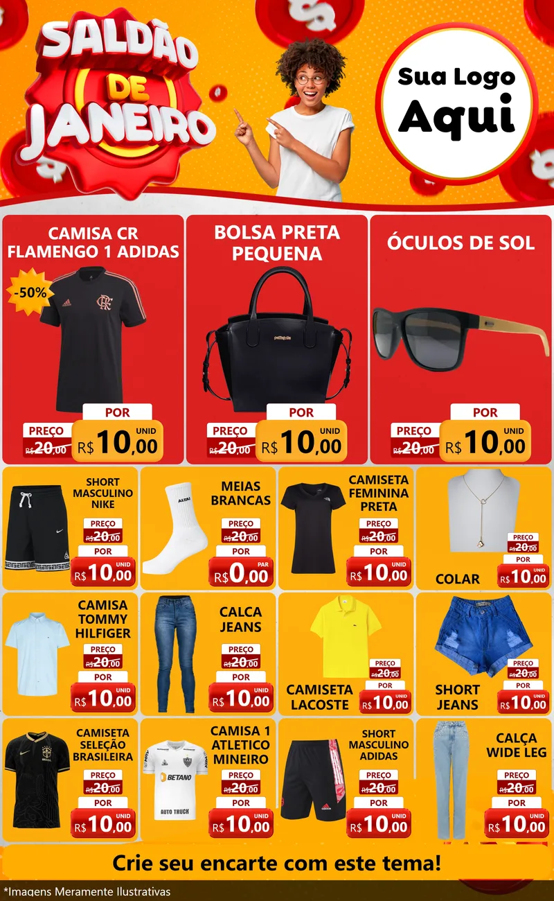 Modelo de Encarte para Encarte Grande com o tema Saldão de Janeiro para Roupas e acessórios