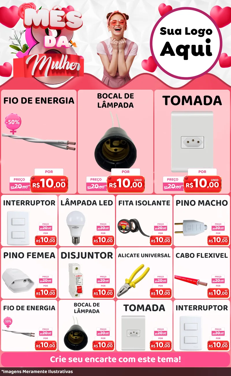 Modelo de Encarte para Encarte Grande com o tema Mês da Mulher para Materiais Elétricos