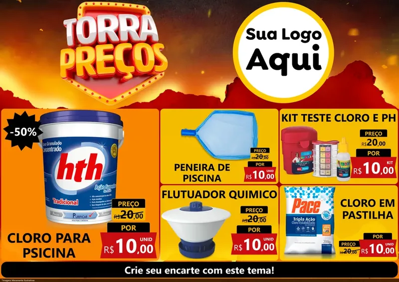 Modelo de Encarte para Encarte A4 Horizontal com o tema Torra Preços para Produtos para Piscina