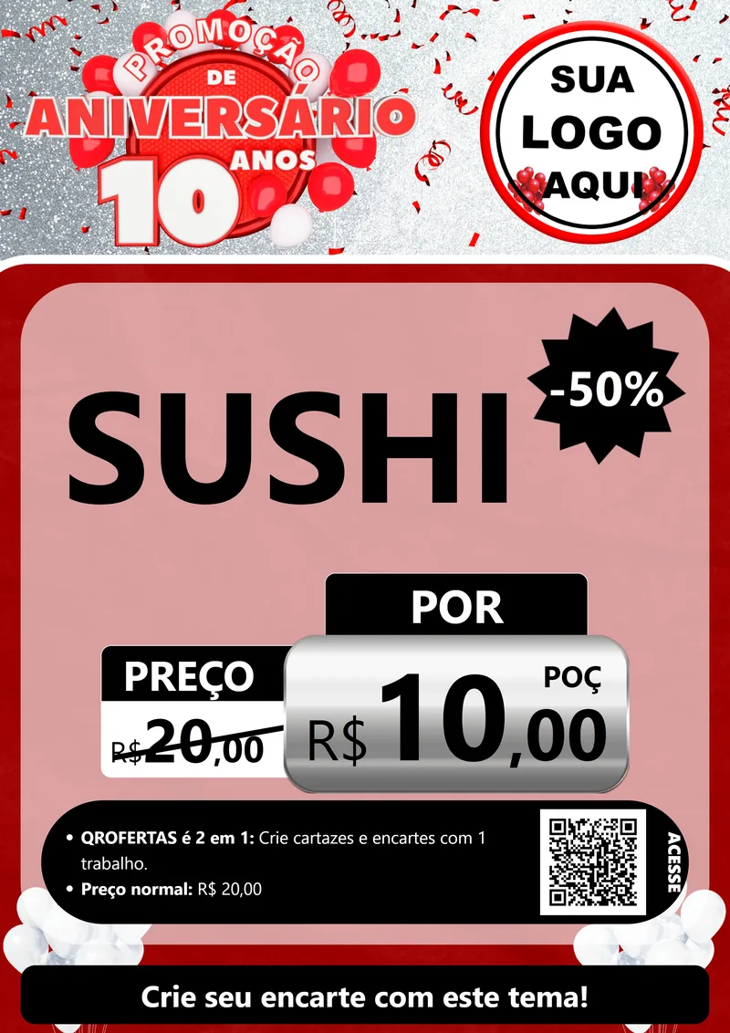 Modelo de Cartaz para Cartaz A4 Vertical com o tema Promoção de Aniversário - 10 Anos para Comida japonesa