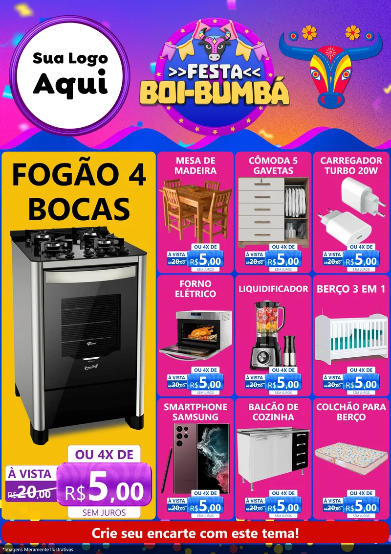 Modelo de Encarte para Encarte A4 Vertical com o tema Festa Boi-Bumbá para Móveis e Eletro