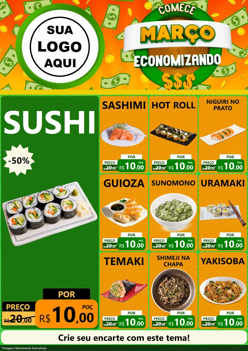 Modelo de Encarte para Encarte A4 Vertical com o tema Comece Março Economizando para Comida japonesa