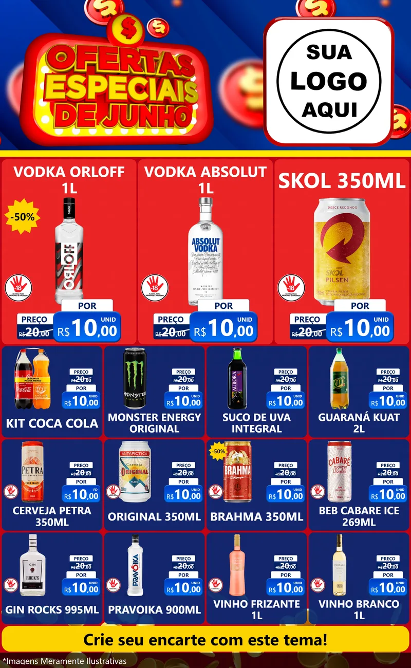 Modelo de Encarte para Encarte Grande com o tema Ofertas Especiais de Junho para Distribuidora de bebidas