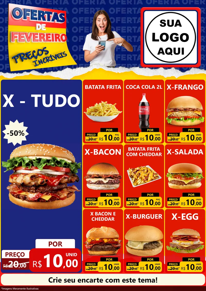 Modelo de Encarte para Encarte A4 Vertical com o tema Ofertas de Fevereiro - Preços Incríveis para Hamburgueria